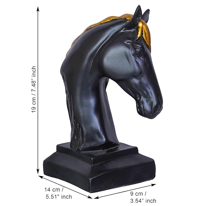 Ecraftindia Black Horse Head Statue With Golden Hair Animal Figurine Showpiece