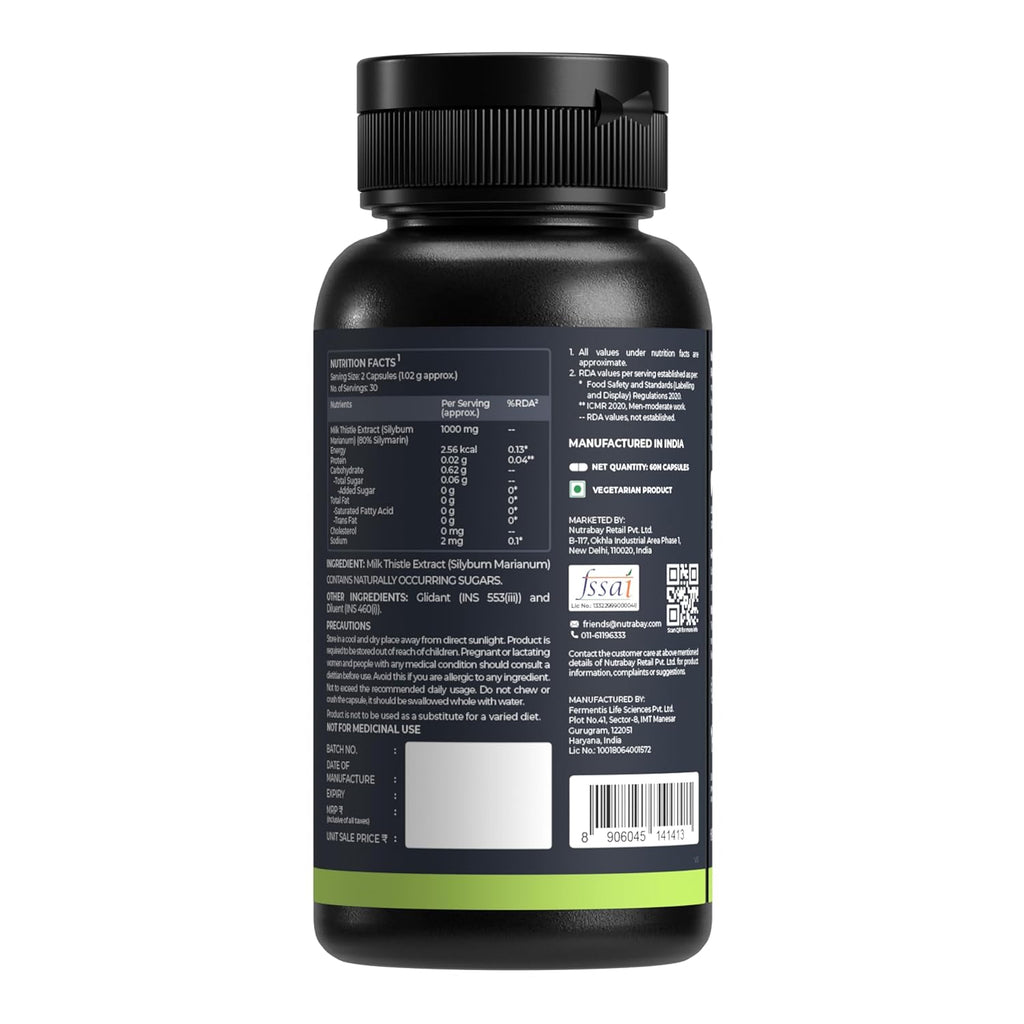 Nutrabay Wellness Milk Thistle Extract (80% Silymarin Marianum) - Improves Digestion, Liver Detox & Cleanse for Men & Women, Liver Support Supplement - 1000mg, 60 Veg Capsules