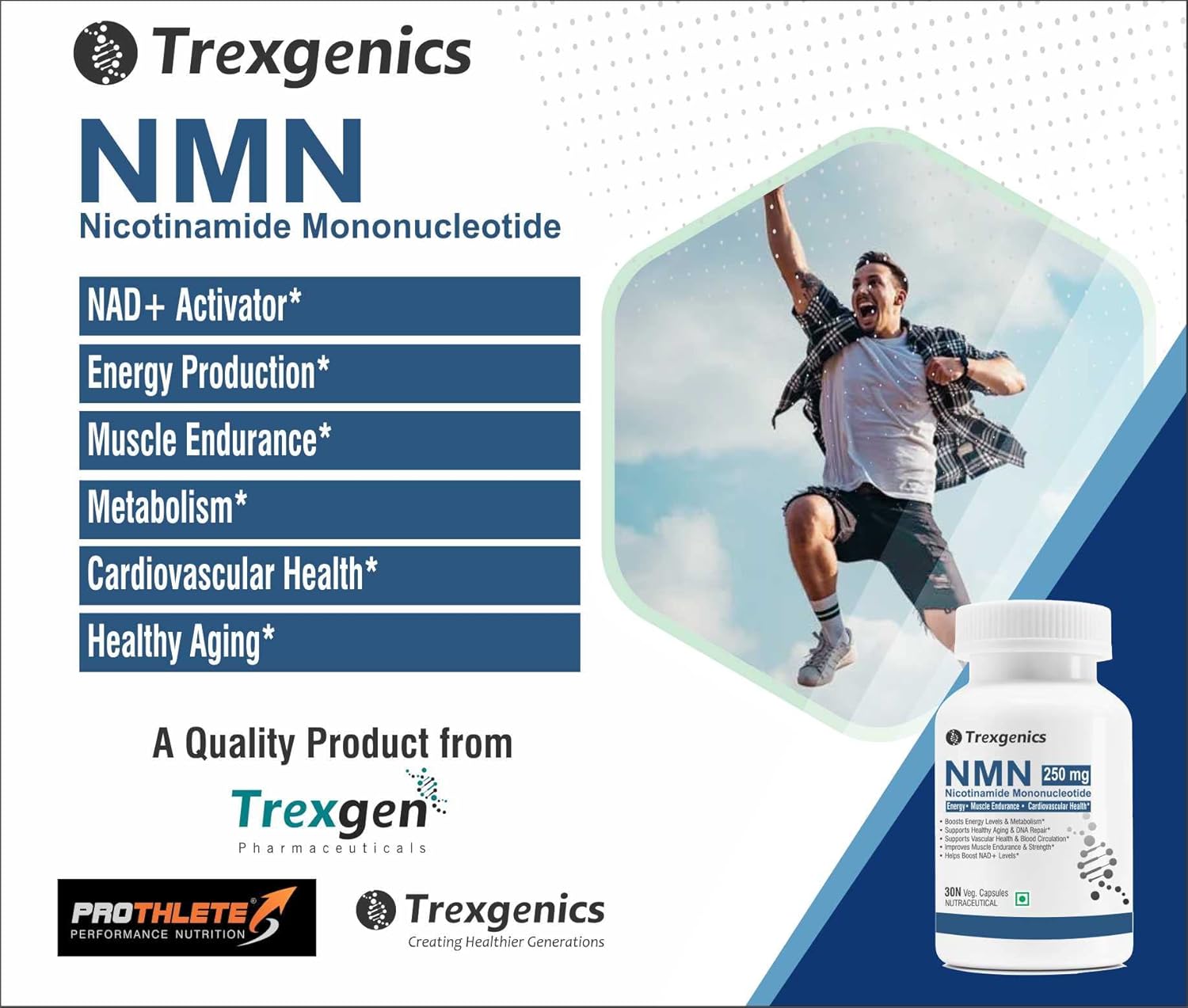 Trexgenics NICOTINAMIDE-MONONUCLEOTIDE(NMN)250 NAD + Booster Energy, Muscle Endurance, Cardiovascular Health VEGAN & NON-GMO (30 Veg Capsules)