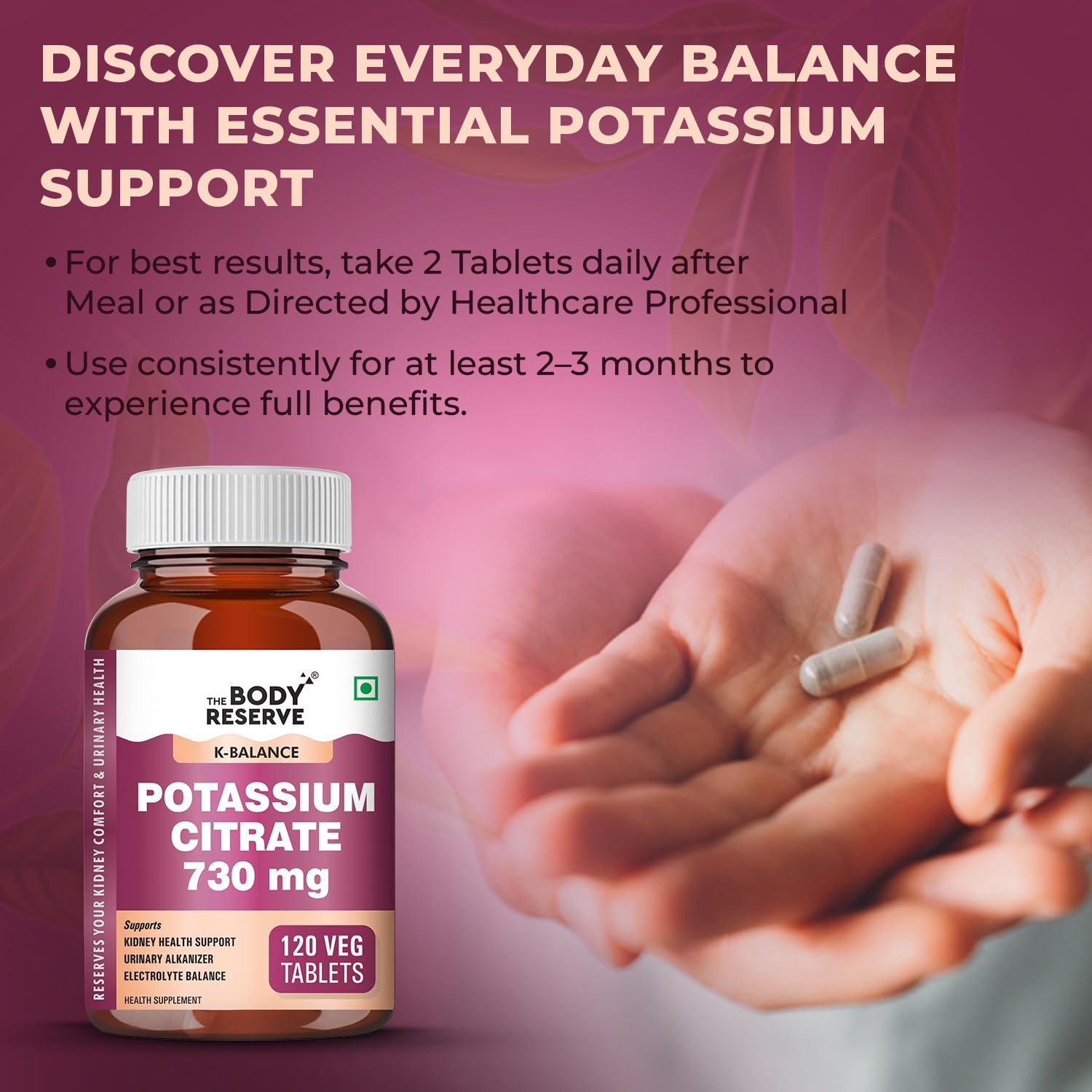 The Body Reserve Potassium Citrate Tablets-120, Potassium supplements for healthy kidney function pH Balance Boosts Electrolyte Levels for Hydration & wellness