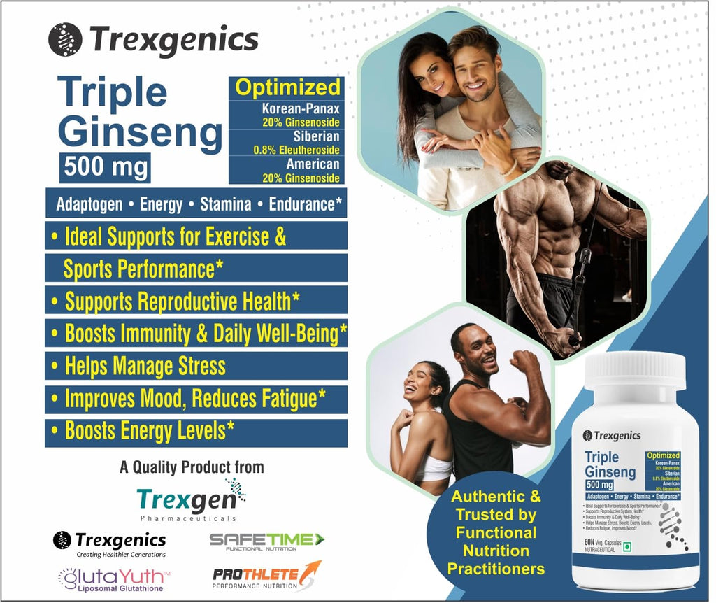 Trexgenics TRIPLE GINSENG 500 mg Optimized American, Siberian, Panax Ginseng Immunity, Energy, Performance (60 Veg. Capsules) (Pack of 1)
