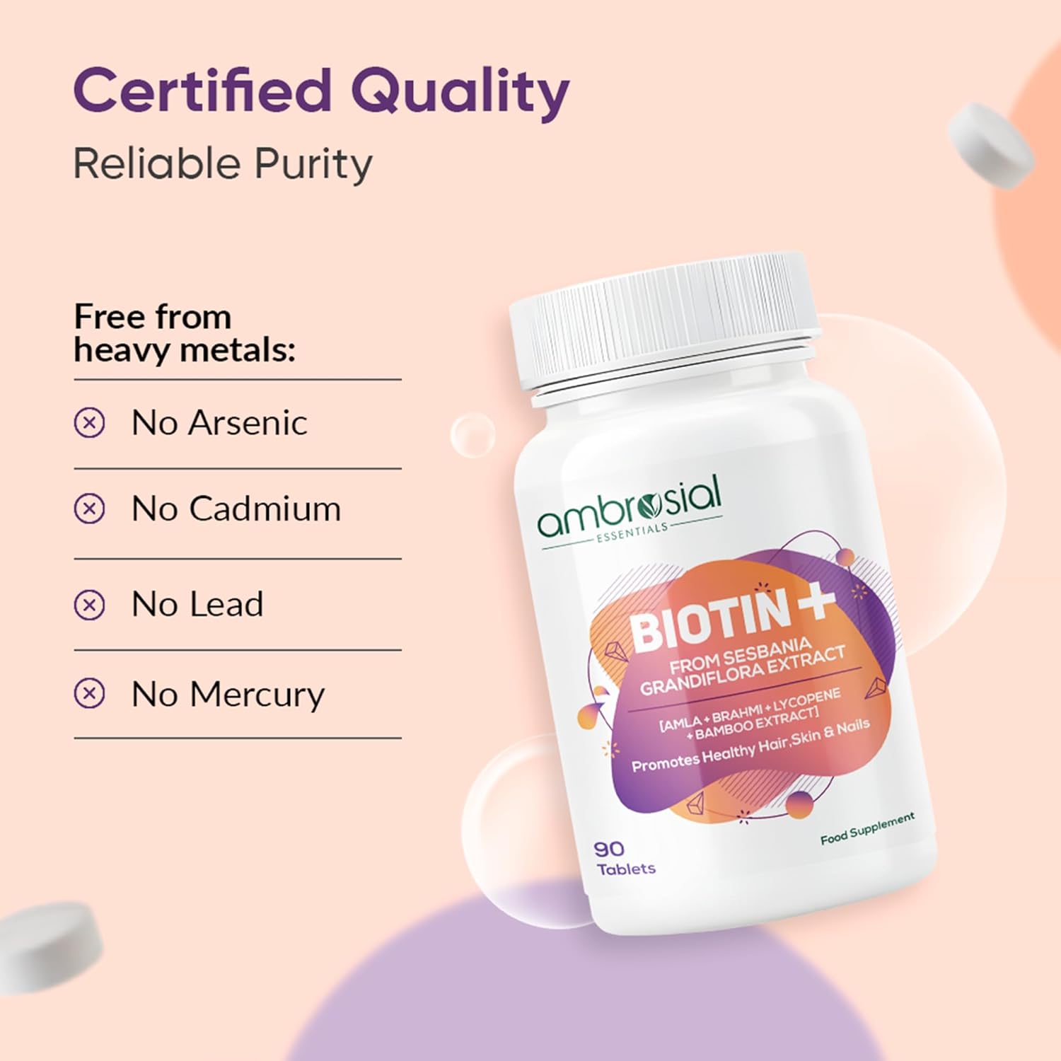 Ambrosial Biotin Tablets with Amla, Brahmi & Bamboo Extract | Plant-Based Biotin Supplement for Hair, Skin & Nails | Vegetarian Formula â€“ 90 Tablets