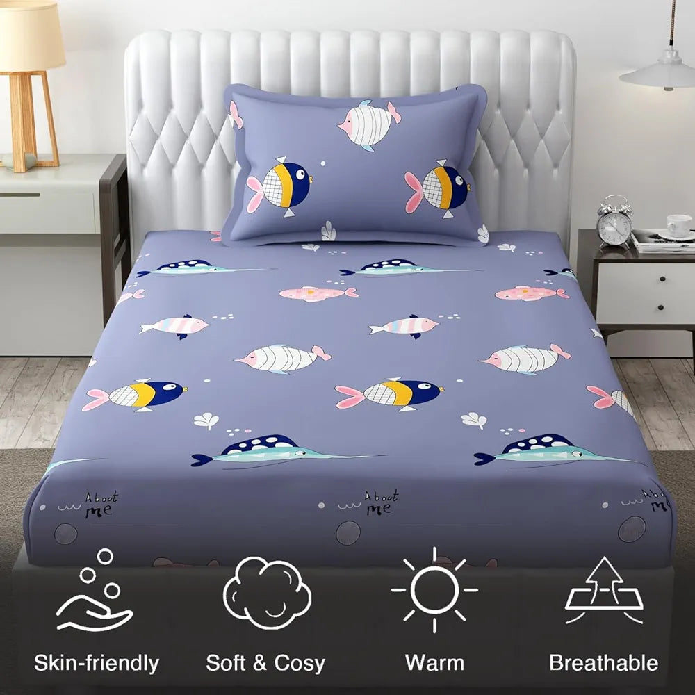 Fresh From Loom Glace Cotton 300 tc Wrinkle Elastic Fitted Cartoon Printed Bedsheets for Kids with 1 Pillow Fish Blue Smallsingle