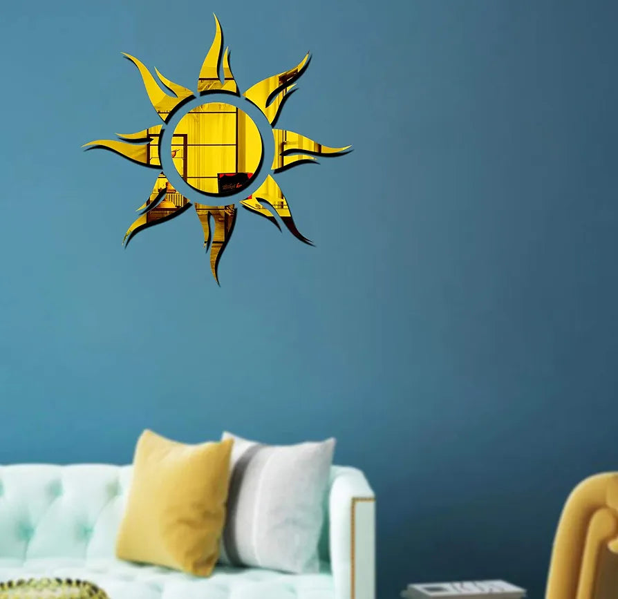 Bikri Kendra Sun Golden Mirror Stickers for Wall, Acrylic Mirror Wall Decor Sticker Model 3