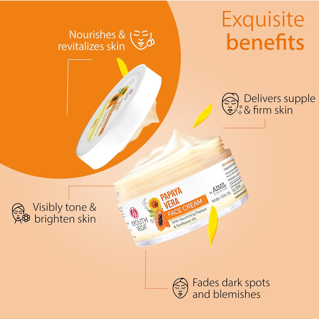 Ayouthveda Papaya Vera Face Cream for Blemish Free Clear Skin, Nourishes & activates Anti-Aging Cream with Papaya Extract – Natural, Organic, Paraben-Free & Cruelty-Free skin cells 50 g