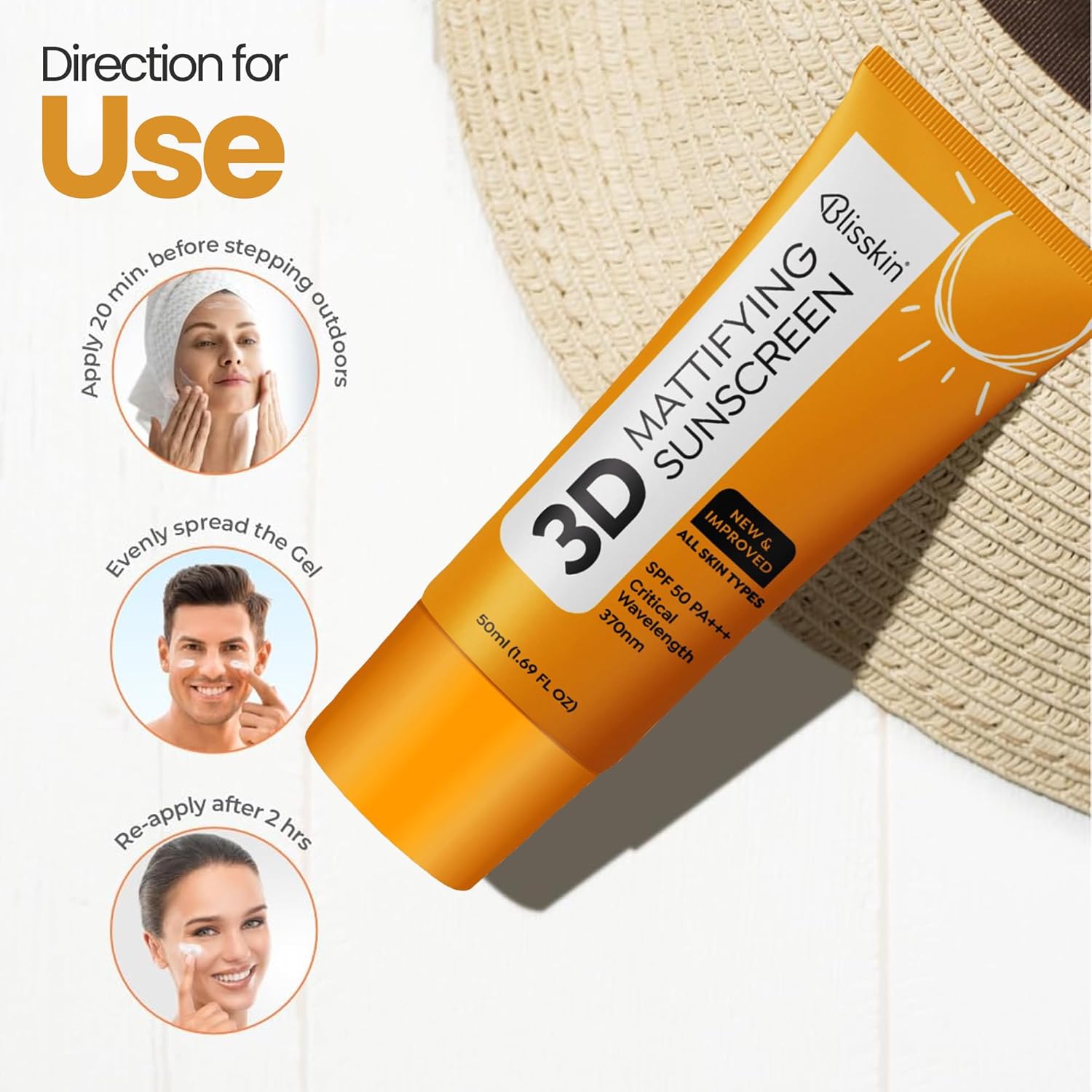 Blisskin Sunscreen SPF 50 PA+++ | 50ml Organic & Non Comedogenic SunscreenSPF50 | UVA, UVB & Blue Light Protection | With Hyaluronic Acid & Vitamin C | No White Cast | For All Skin Types