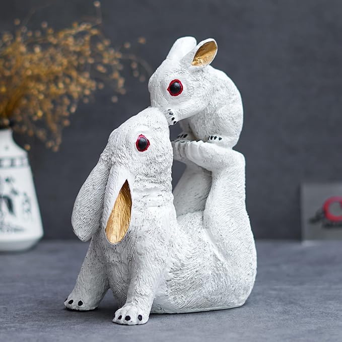 Ecraftindia Gold and White Rabbit Statue With Bunny Animal Figurines Decorative Showpiece for Home Decor