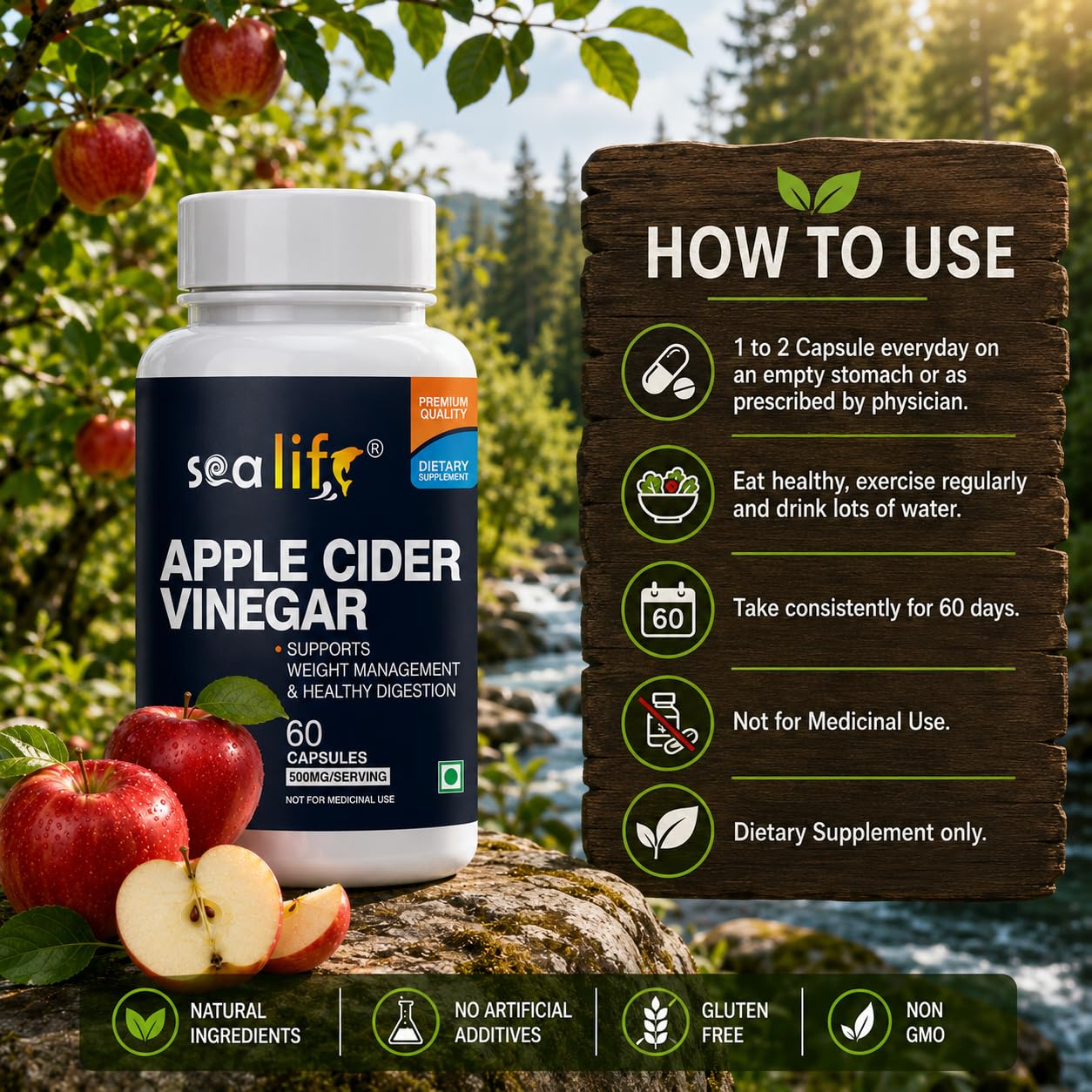 Sea Life Apple Cider Vinegar 500mg Capsules for Weight Loss Management (60 Veg Capsules),Boost Energy | Supports managing blood sugar levels | Improves Cholesterol Levels.