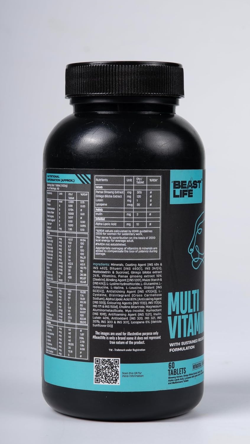 BeastLife Multivitamin Tablets With 30+ Nutrient Supports | Vitamins, Minerals, Biotanical Extract, Amino Acids & Active Ingredients |Boosts Immunity, Energy & Daily Wellness | 60 Tablets | Vital Nutrients for Active Lifestyle
