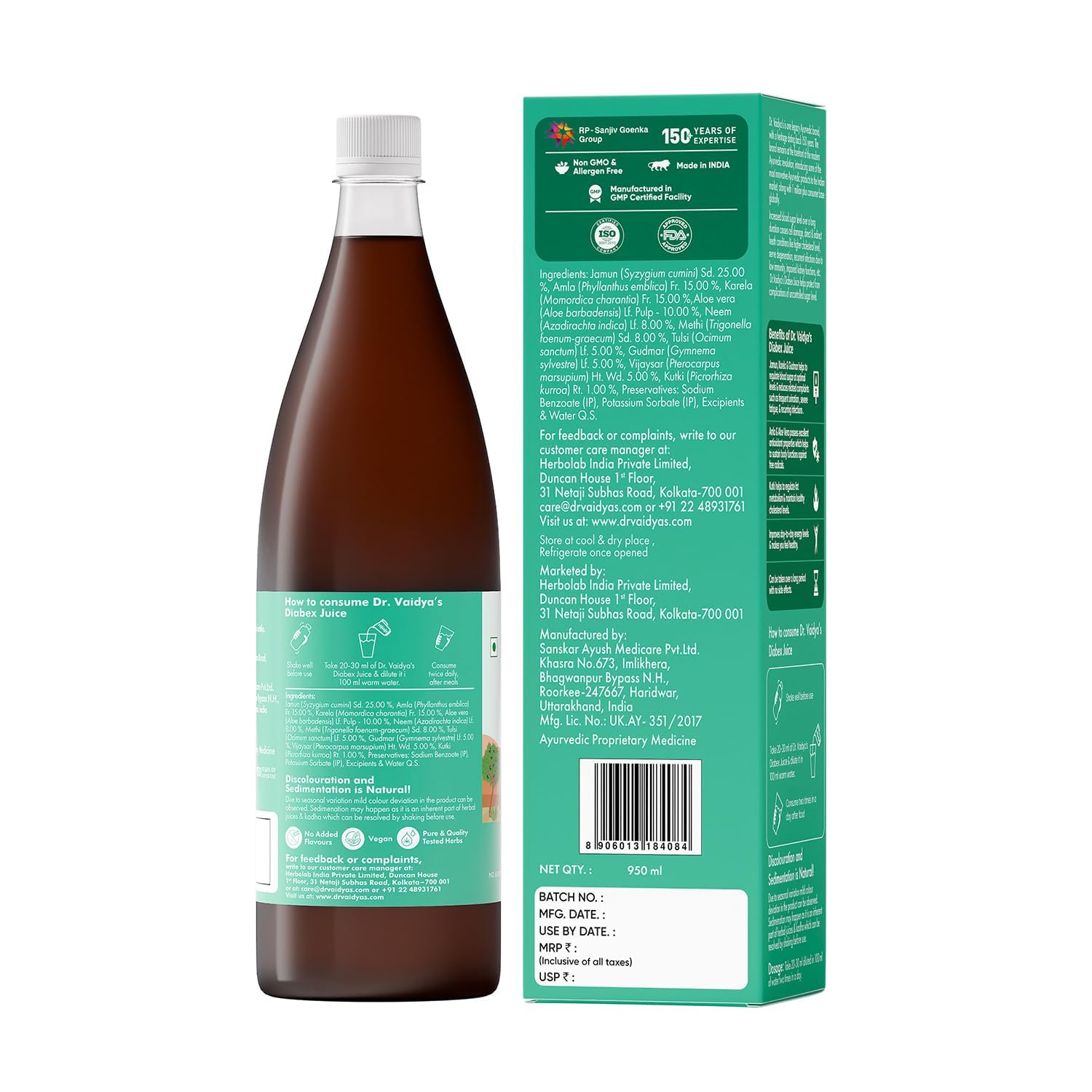 Dr. Vaidyaâ€™s Diabex Juice for Diabetic Care | Ayurvedic Diabetes Juice with Karela, Jamun & Neem | Helps Manage Blood Sugar Levels | No Added Sugar or Artificial Flavours | 950ml