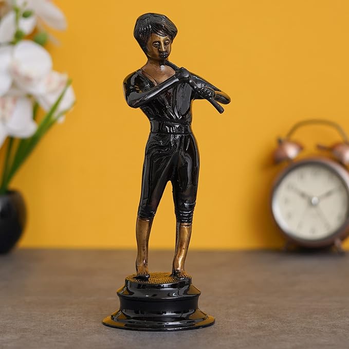 Ecraftindia Brown & Golden Man Playing Musical Instrument Antique Finish Handcrafted Decorative Brass Showpiece