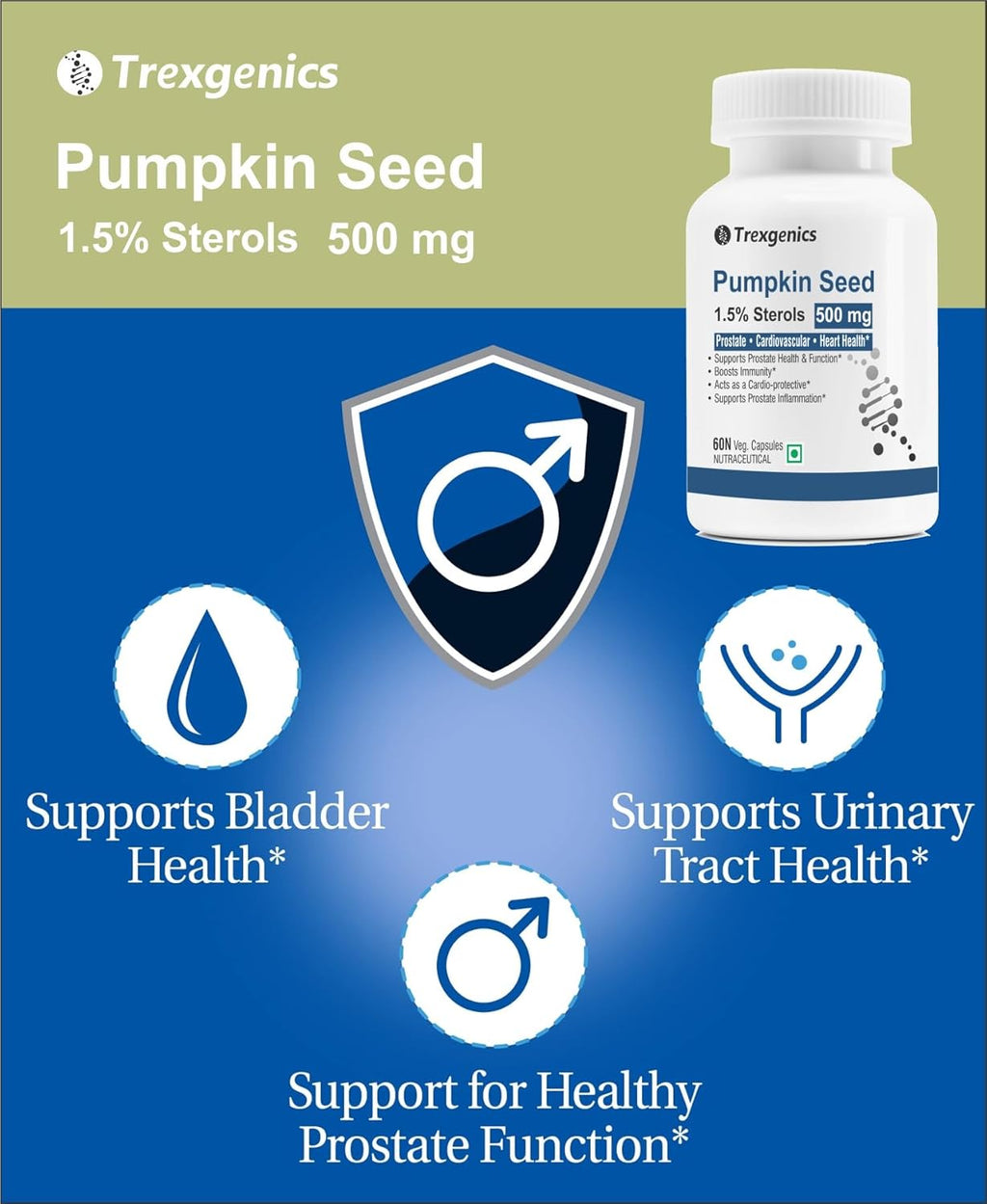 Trexgenics PUMPKIN SEED EXTRACT 500 mg Prostate, BPH, Urinary Tract Health Support (60 Veg Capsules) (Pack of 1)