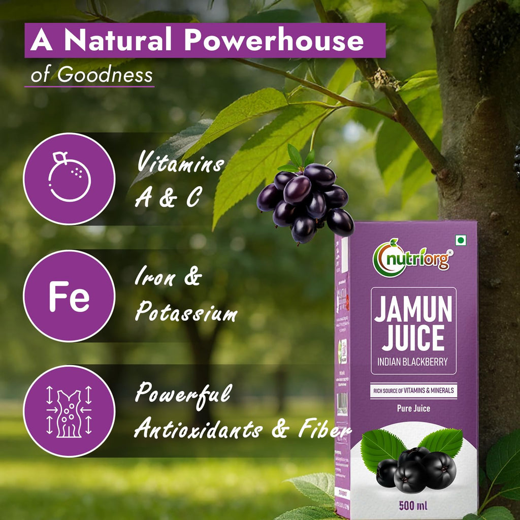 Nutriorg Jamun Juice | 500 ml | Pure Jamun Juice for Diabetes Care | Controls Blood Sugar Levels | Blood Purification | No Added Sugar, Preservatives, or Colors