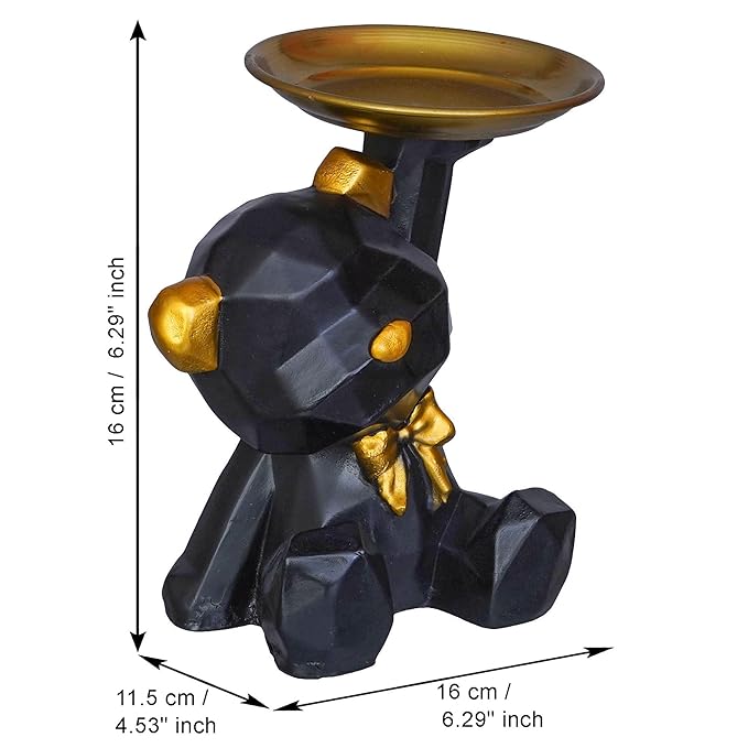 Ecraftindia Geometric Black Sitting Teddy Bear Statue Holding Tray Decorative Showpiece for Home