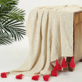 Homadorn 100% Cotton Off White Throw Blanket with Handmade Colorful Tassel Colour Red