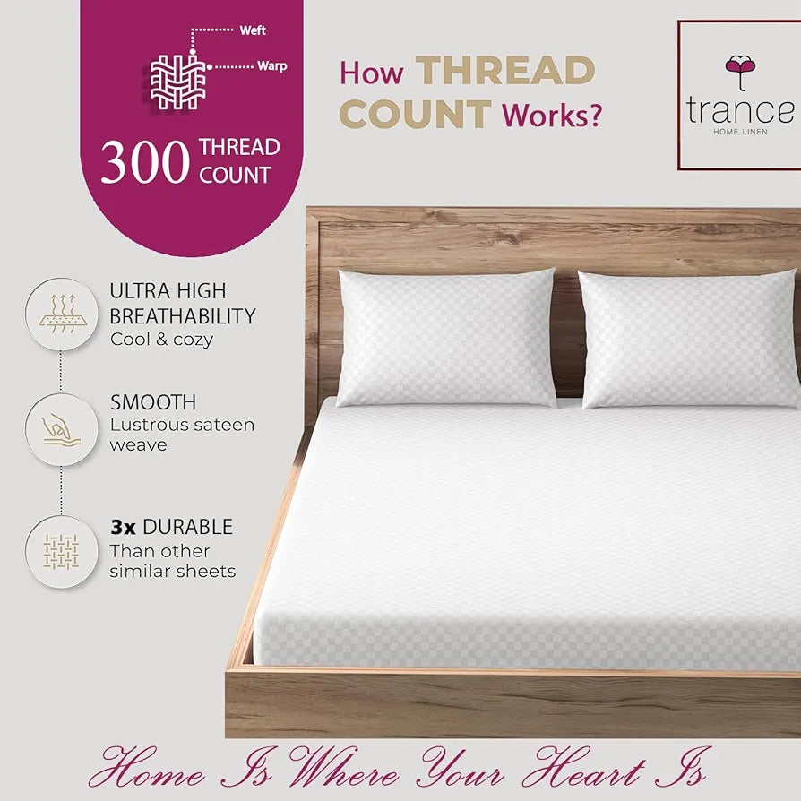 Trance Home Linen 300TC Pure 100% Cotton King Size Jacquard Weave Fitted Bedsheet with 2 Pillow Covers  78 x 72 inch Colour White
