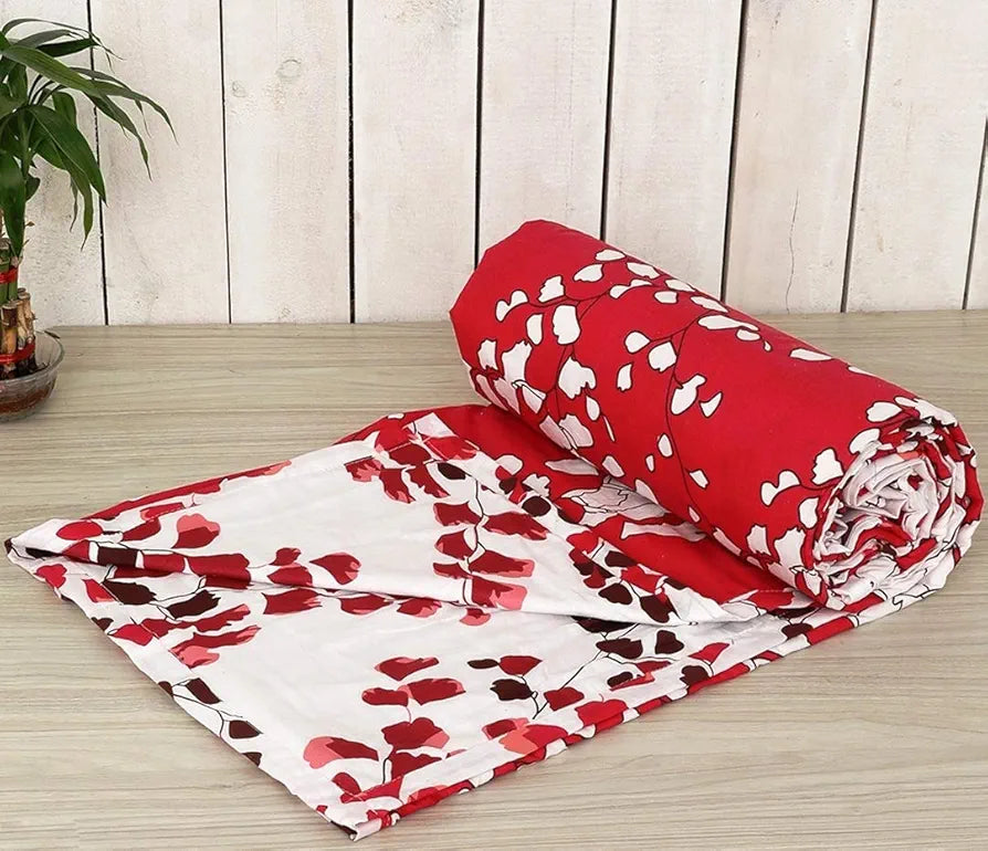 Trance Home Linen 150 GSM Pure Cotton Reversible Dohar Single Bed Size Ac Blanket Comforter Soft Light-Weight Bed Blanket 56 X 88 Inch Colour Red White Leaves