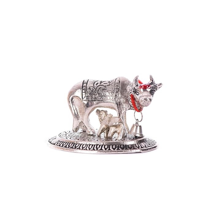 Ecraftindia Handcrafted Cow and Calf Metal Figurine | Silver