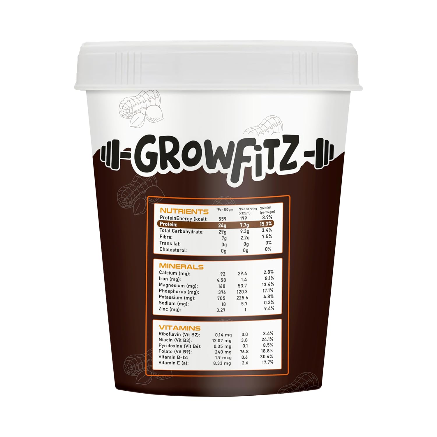 Growfitz Peanut Butter Chocolate Crunchy 400g | 24g High Protein Peanut Butter | 7g Fiber | Tasty & Healthy Nut Butter Spread for Breakfast & Snacks | Roasted Peanuts | Zero Sugar (Pack of 1)
