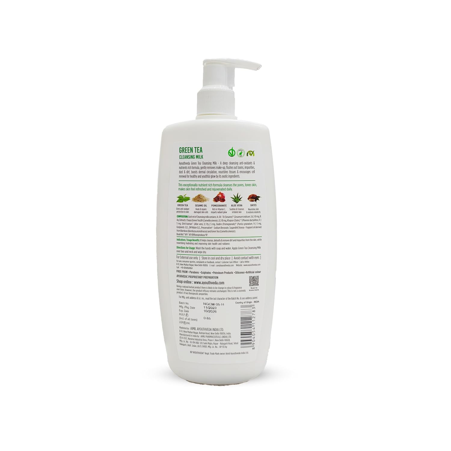 Ayouthveda Green Tea Cleanseing Milk is a deep-Cleanser |Smoothens & Softens Skin|for both men and women|All skin types(500g)