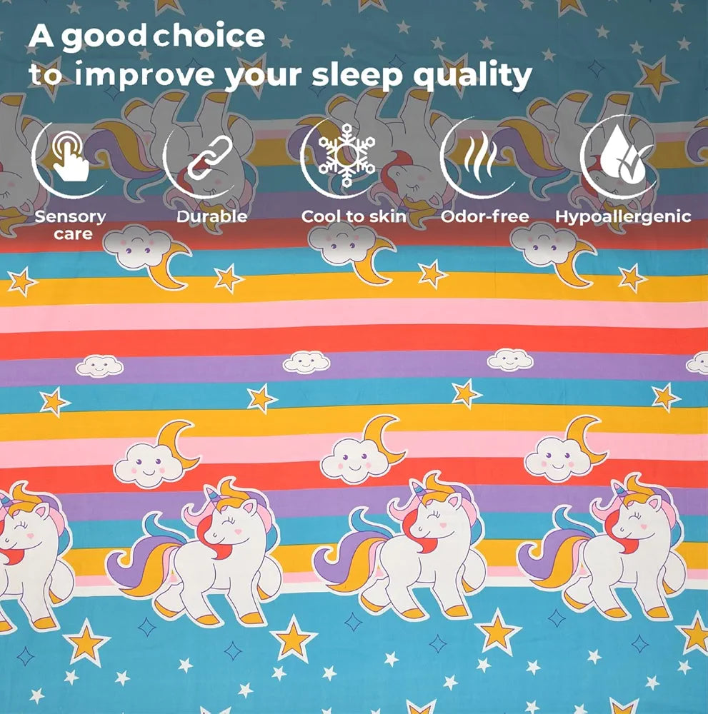 Fresh From Loom Cartoon 300 TC Wrinkle Free Glace Cotton Elastic Fitted Bedsheet for Kids with Two Pillow Cover Queen Unicorn Multicolor