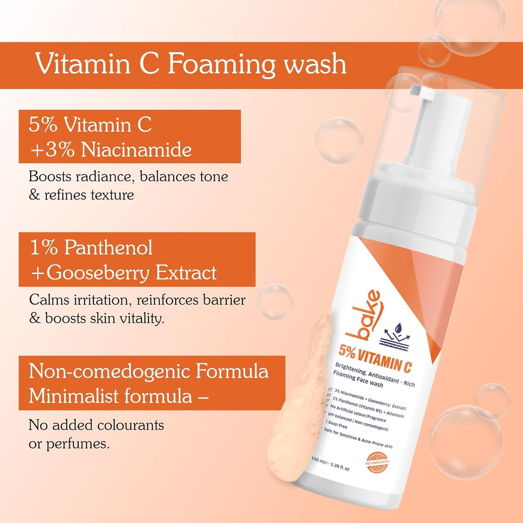 BAKE 5% Vitamin C Foaming Face Wash with Niacinamide | Brightening Face Wash for Pigmentation, Dark Spots & Uneven Skin Tone | Antioxidant Rich Cleanser for Dull, Normal to Oily Skin â€“ 100ml