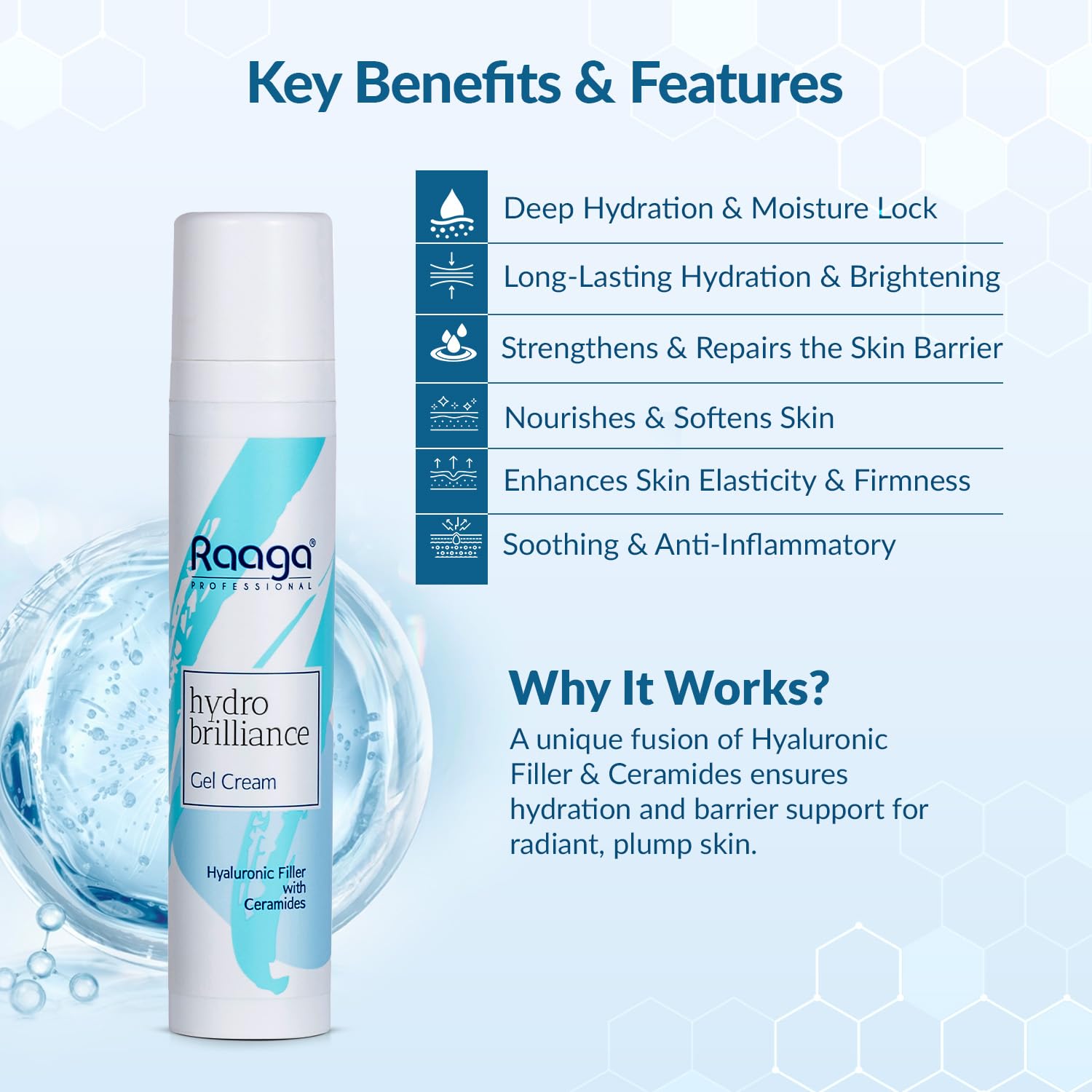 Raaga Professional Hydro Brilliance Gel Cream | Hyaluronic Filler with Ceramides | Paraben Free, Sulphate Free, Dermatologically Tested (55 ml)