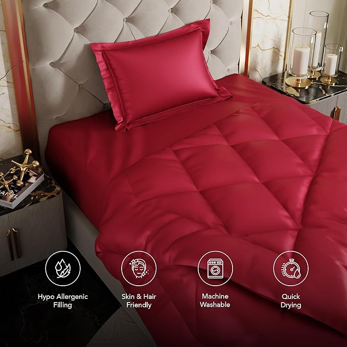 Stoa Paris Satin Comforter Double Bed with 300 TC 1 Pillow Covers Colour Flirty Red