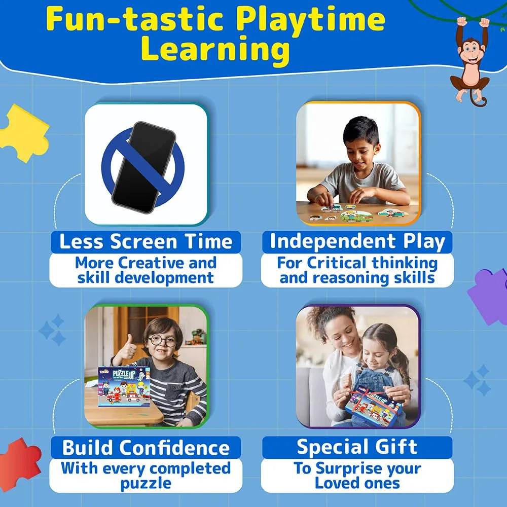 Funtad Kids Puzzleup Learn Professions,10-In-1 Entry Level Puzzle,45 Big Size Jigsaw Pieces,Montessori Educational Toy For Boys & Girls Age 3,4 & 5 Yrs