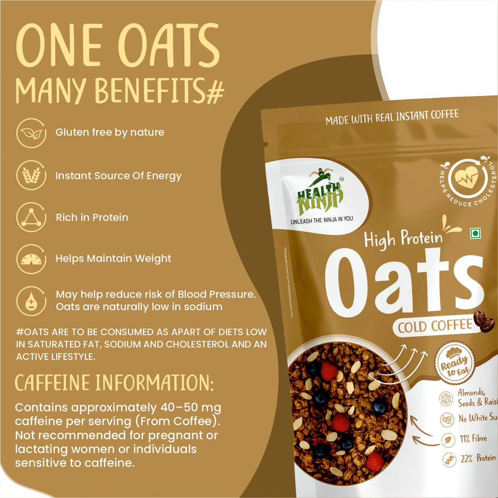 Health Ninja High Protein Cold Coffee Oats | Cold Coffee Oats | 22% Protein, 11% Fibre | No White Sugar | Healthy Breakfast Oats
