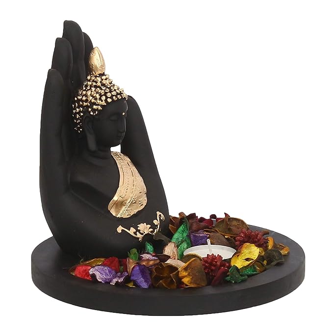 Ecraftindia Black and Golden Polyresin Palm Buddha Statue With Wooden Base | Fragranced Petals Tealight Holder