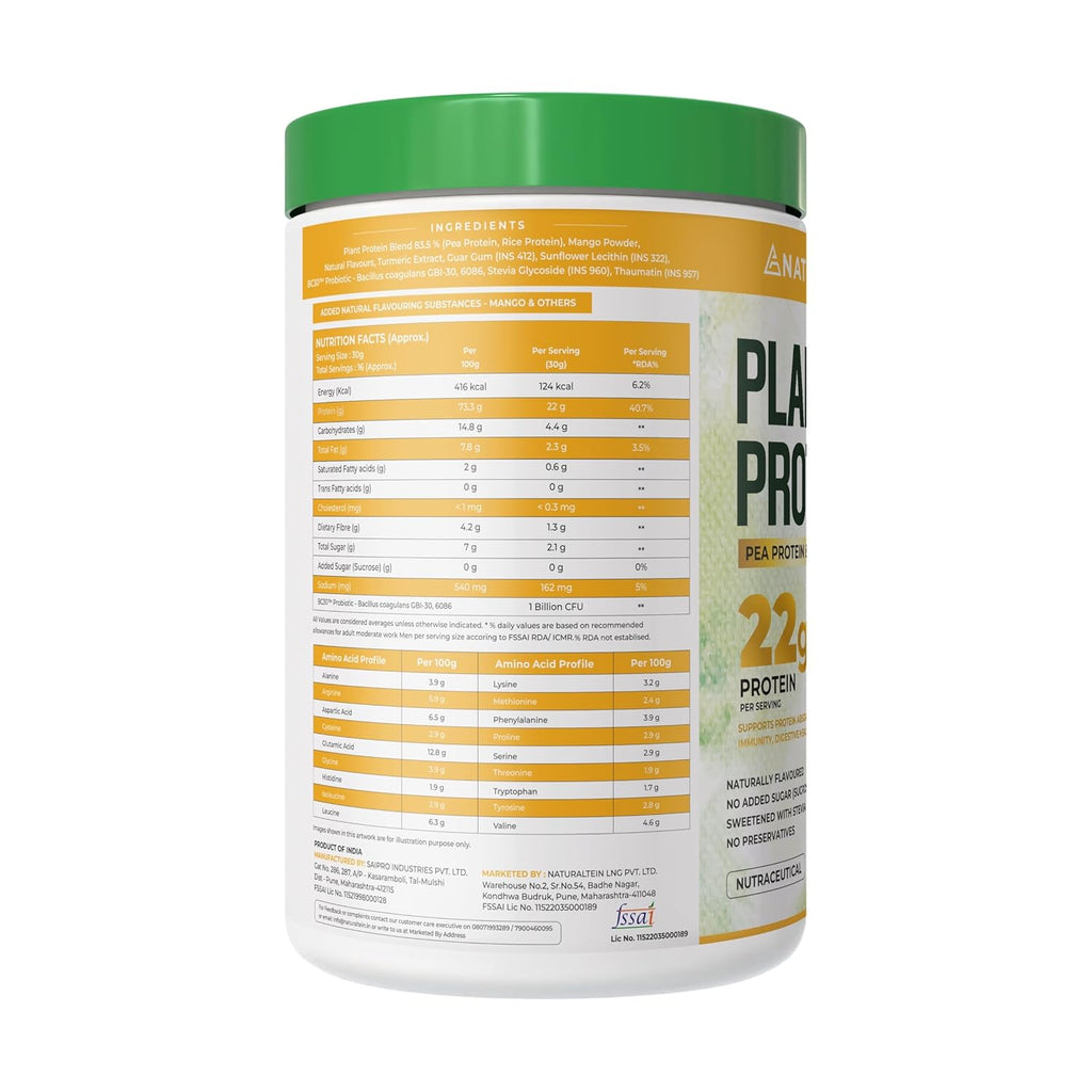 NATURALTEIN Plant Protein â€“ 22g Clean Protein with BC30 Probiotic | Trusted Natural Blend for Strength, Energy & Gut Health | Delicious Natural Mango flavour | No Sugar, Just Pure Wellness