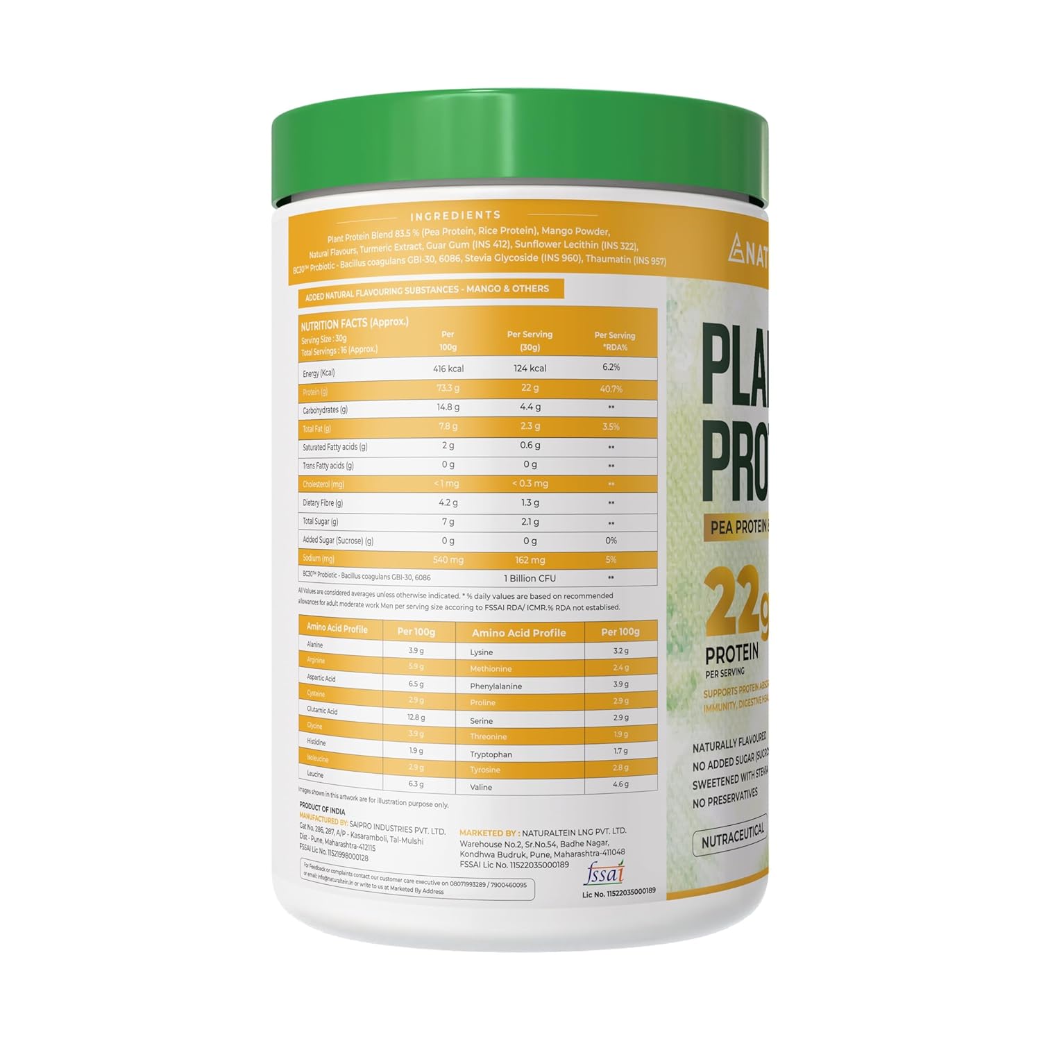 NATURALTEIN Plant Protein â€“ 22g Clean Protein with BC30 Probiotic | Trusted Natural Blend for Strength, Energy & Gut Health | Delicious Natural Mango flavour | No Sugar, Just Pure Wellness