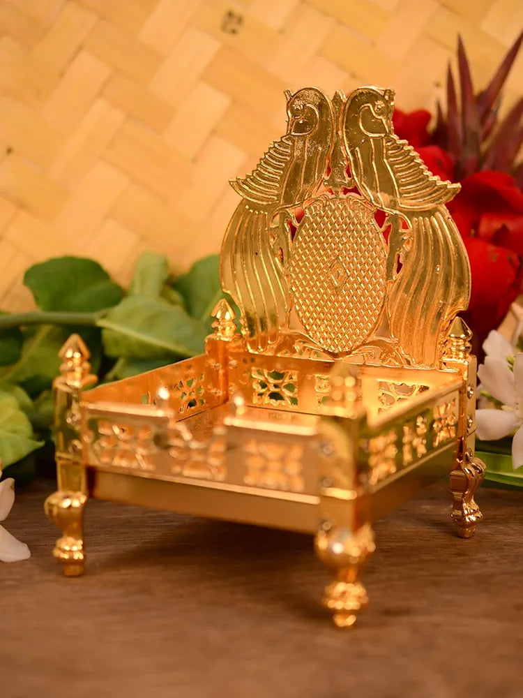 Collectible India Metal Gold Plated ladoo Gopal Singhasan Pooja Chowki mandir Peacock Design