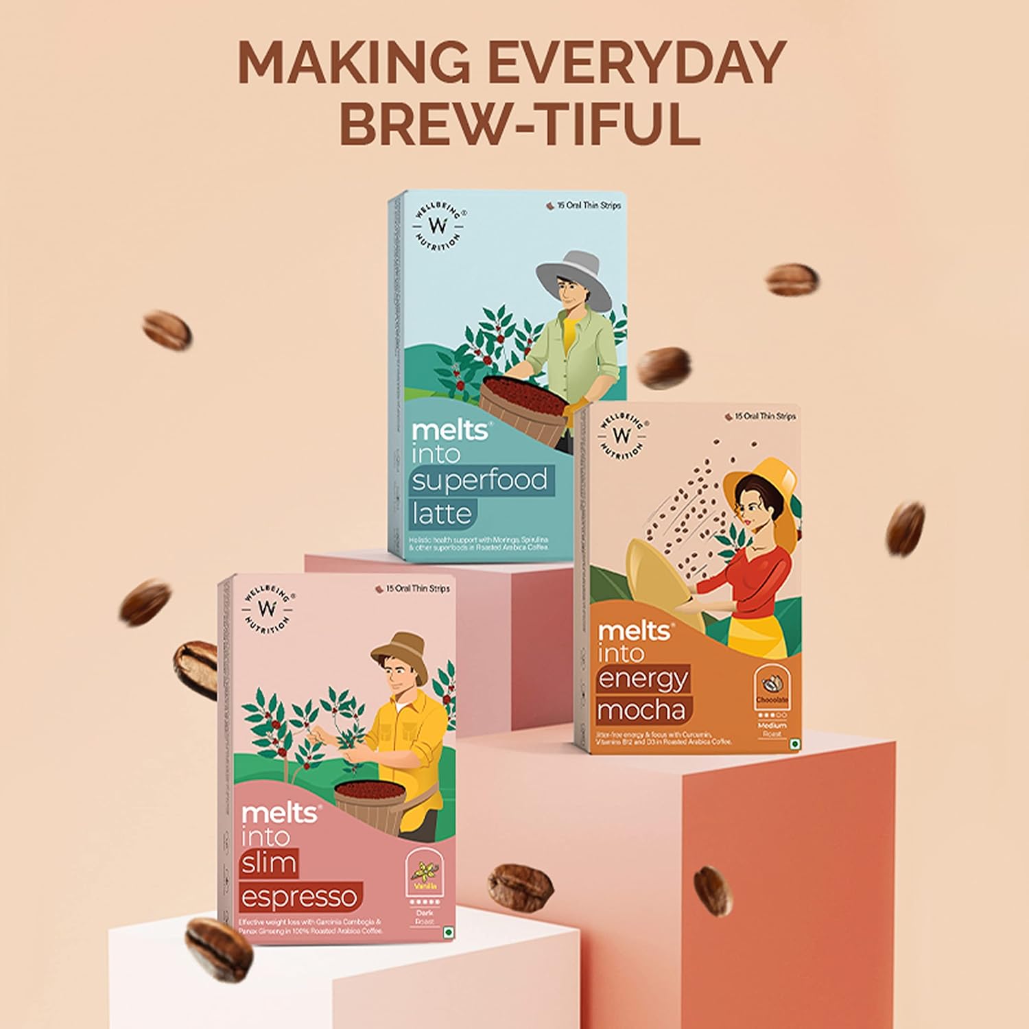 Wellbeing Nutrition Melts Energy Mocha | Arabica Coffee, CurcuWINÂ®, Folate and Vitamin B12 for Sustained Energy, Enhanced Focus & Improved Cognitive Health | Mocha Flavor (15 Oral Strips)