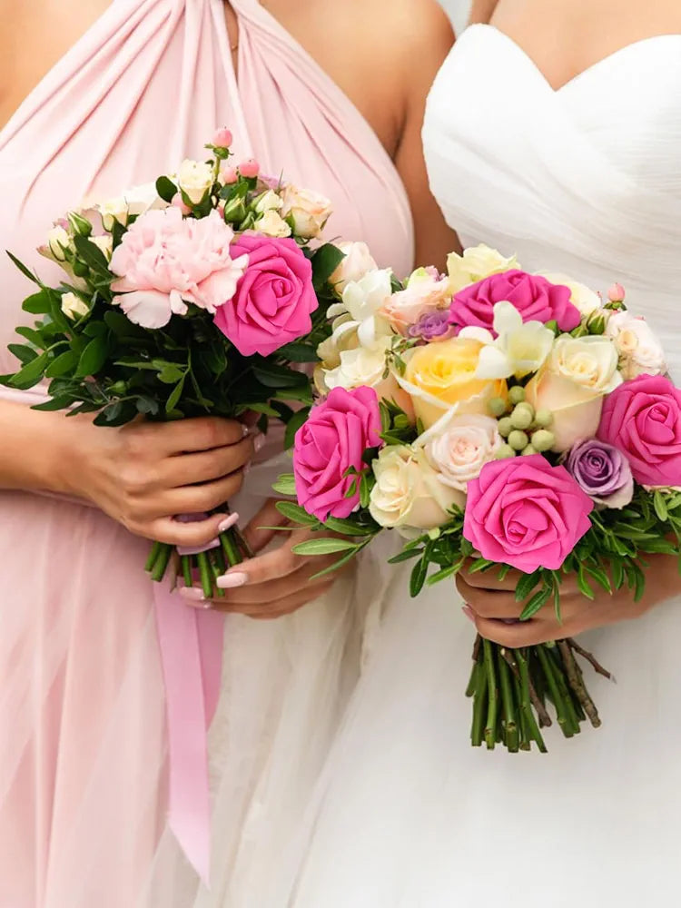 Artificial Flower Roses 30PCS Real Touch Spring Fake Flowers with Stem Fuchsia Foam Roses