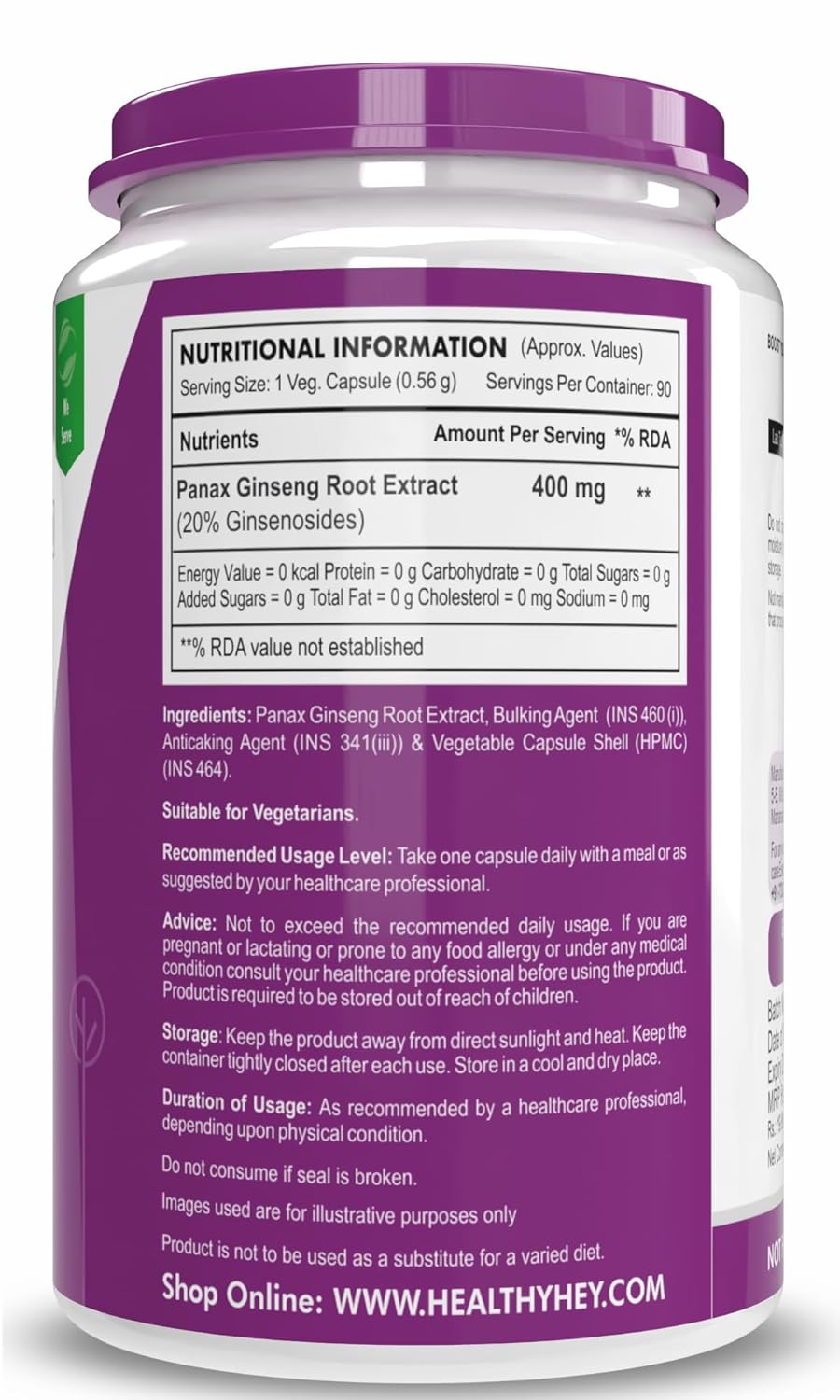 HealthyHey Nutrition Panax Ginseng 90 Vegetable Capsules