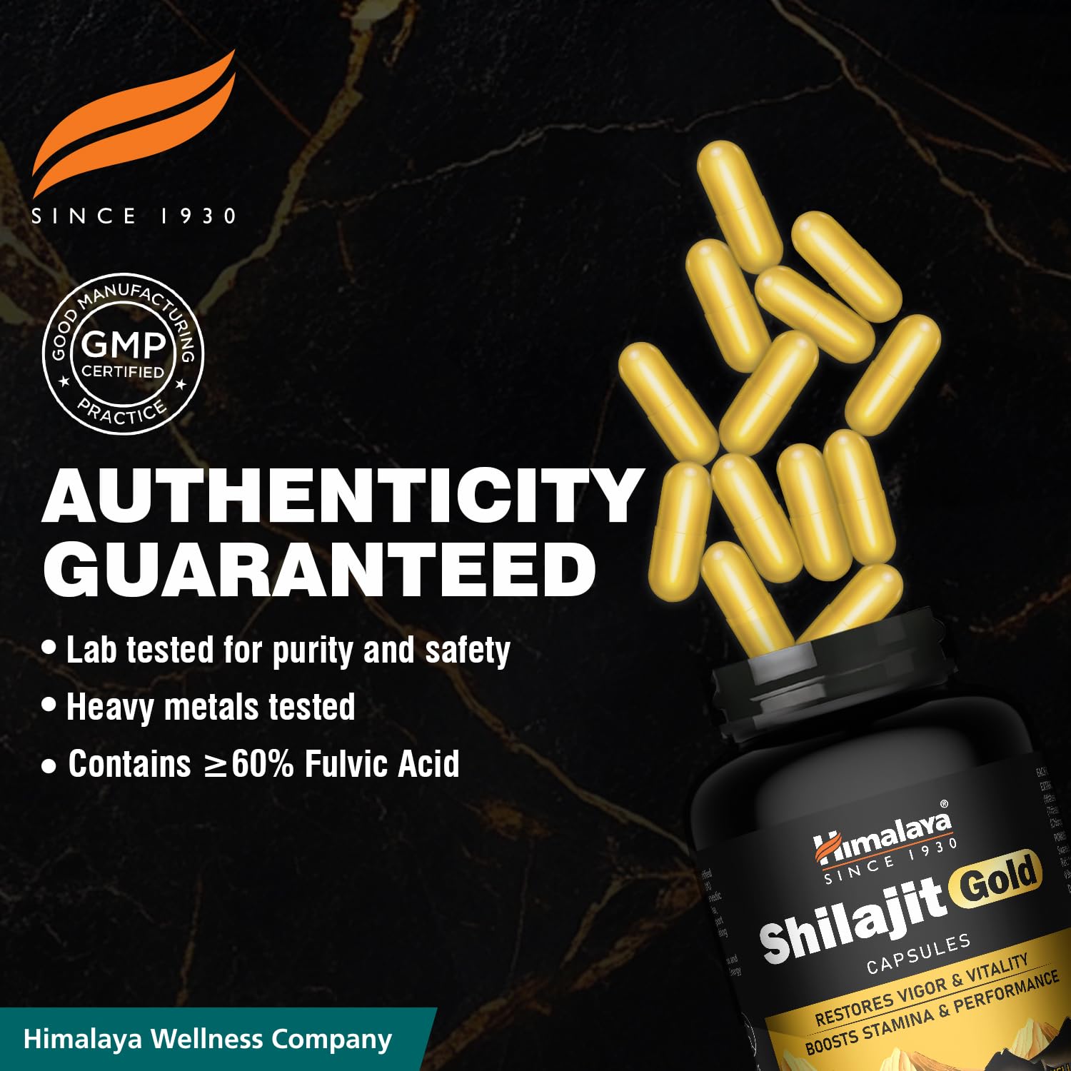 Himalaya Shilajit/Shilajeet Gold Capsules | 100% Pure Himalayan Shilajit + 24 Carat Gold | 20 Capsules | Restores Vigor and Vitality | Boosts Stamina and Performance