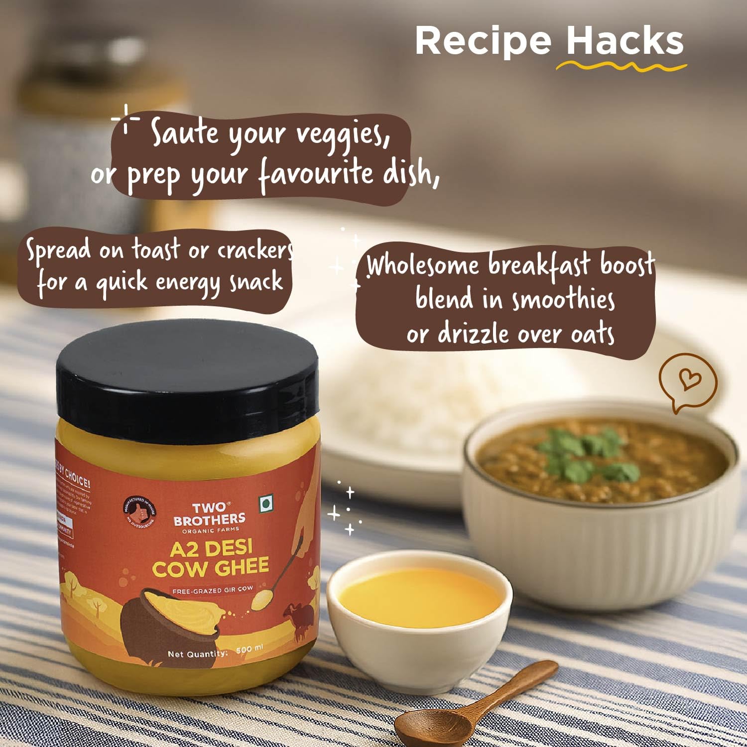 Two Brothers Organic Farms Desi Gir Cow Ghee (500ml) | Made with A2 Cow Milk | Grass-fed Gir Cows | Handcrafted in Small Batches