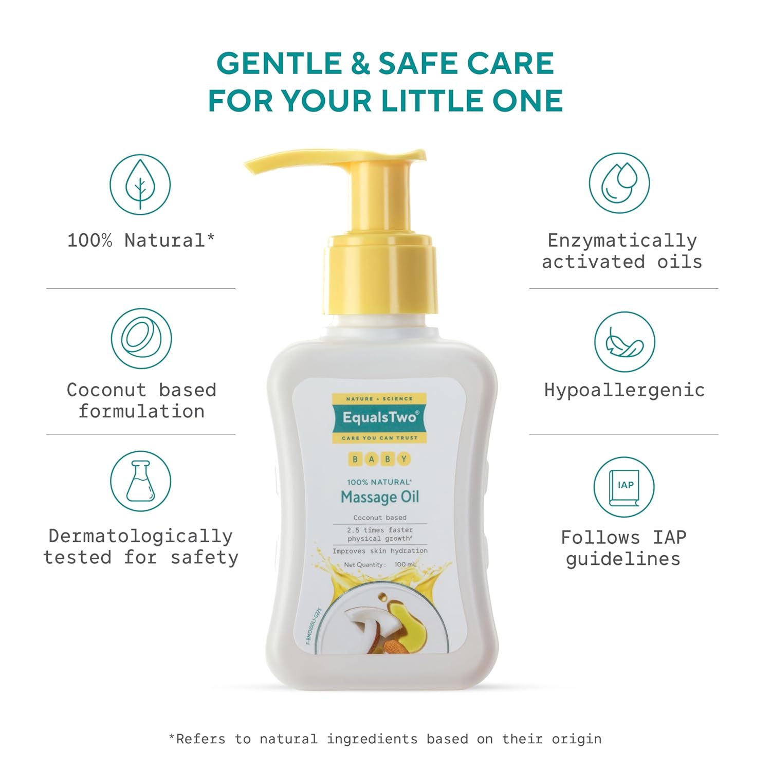 EQUALSTWO by Zydus Nourishing Baby Massage Oil 100ml, 100% Natural Non-Greasy Moisturizing Baby Oil for New Born, Strengthen Muscles & Bones, All Skin Types, Hypoallergenic, Dermatologically Tested, (Pack 1)