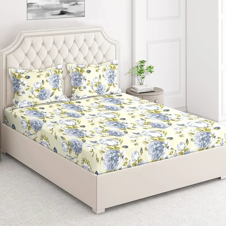 Layers Classic Cotton Bedsheet Set for All Seasons Lightweight 104 TC Queen Size Light Blue Floral Pattern