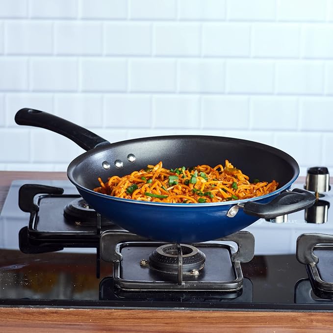 Vinod Zest Aluminium Non Stick Wok - 28 cm | 3mm Thick | 3 Layer Coating | Bakelite Handle | Chinese Wok Pan