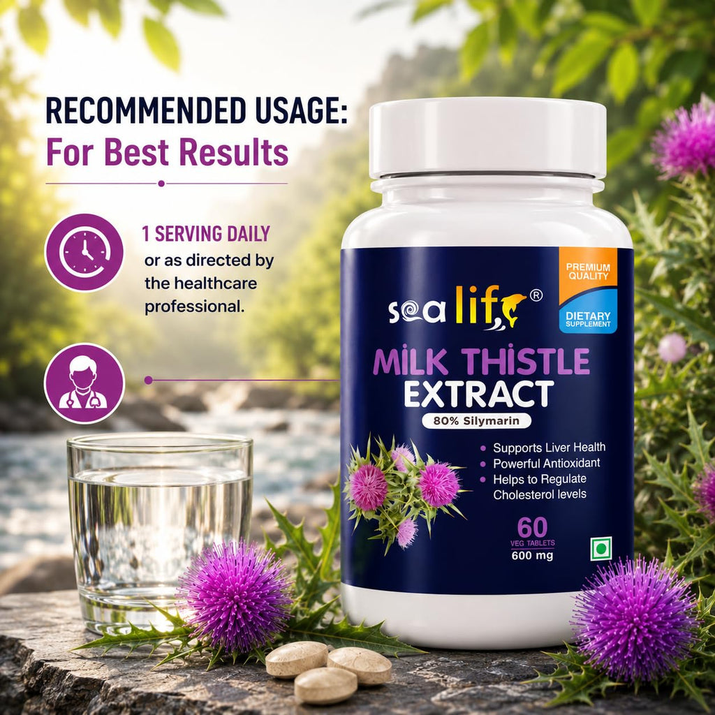 Sea Life Milk Thistle Extract Tablets | Silymarin 80% | Liver Cleanse Detox Support Supplement 600 mg (60 Tablets) Support Protection Against Fatty Liver |For Men And Women