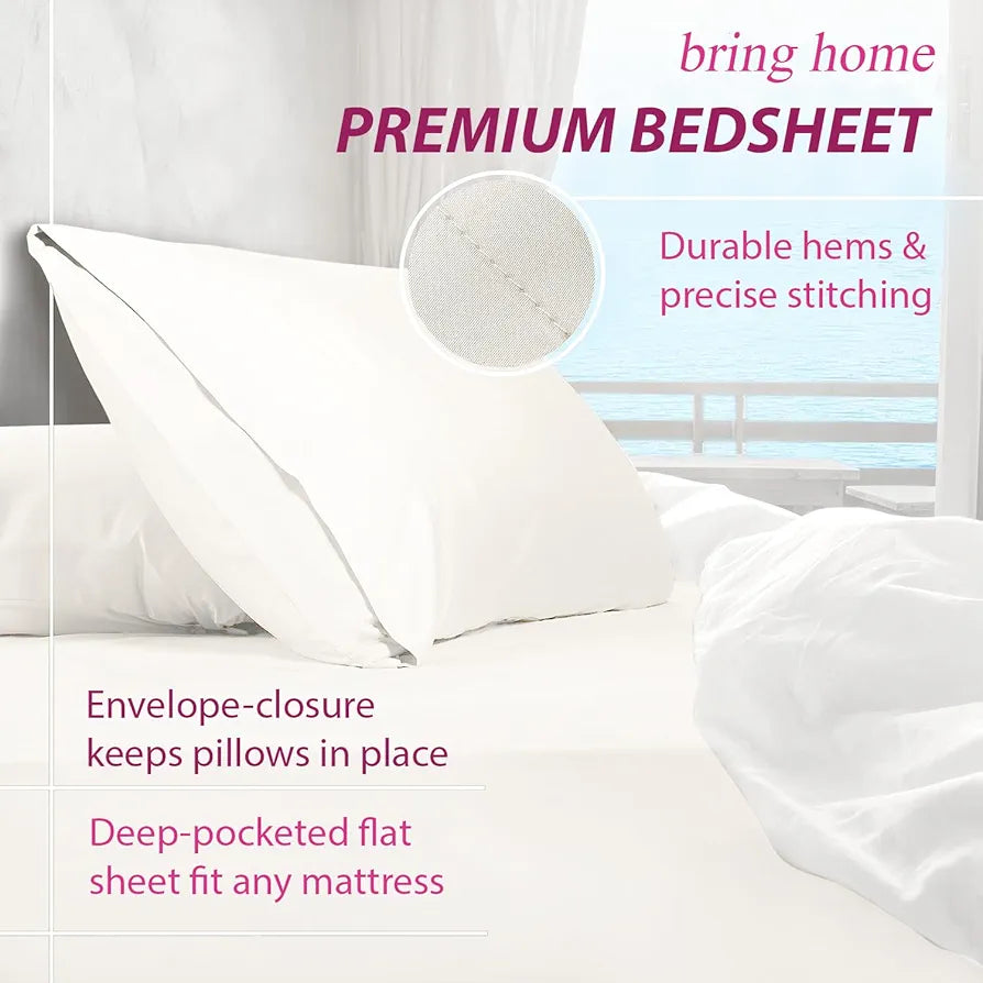 Trance Home Linen Premium 300 TC Pure 100% Cotton Queen Fitted Bedsheet with 2 Pillow Covers Colour White Plain
