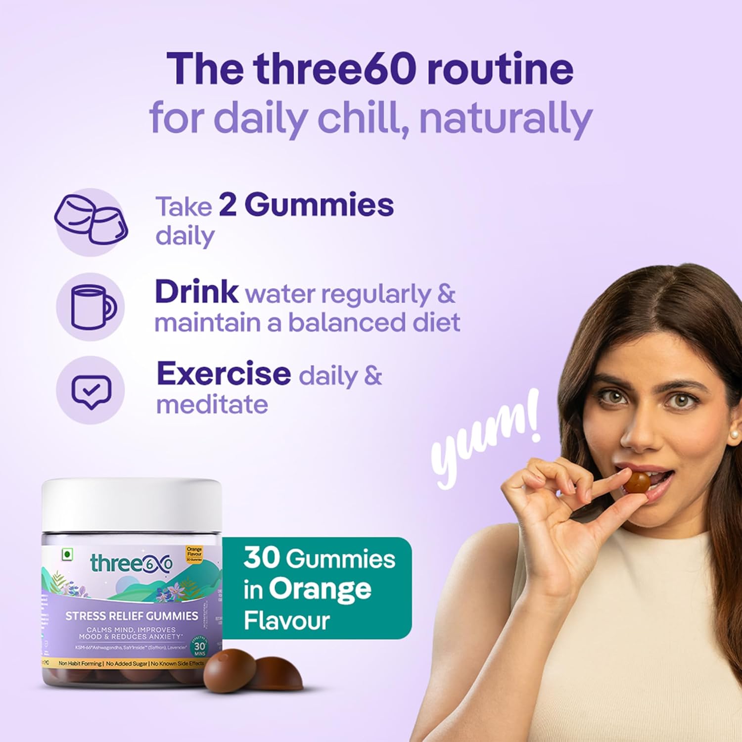 three60 STRESS RELIEF Gummies |Reduces Stress & Cortisol Levels |Helps in Anxiety Relief & Calms Mind |KSM-66Â® Ashwagandha, Safrâ€™InsideTM (Saffron), Lavender|Non-Habit Forming|30 Stress Relief Gummies