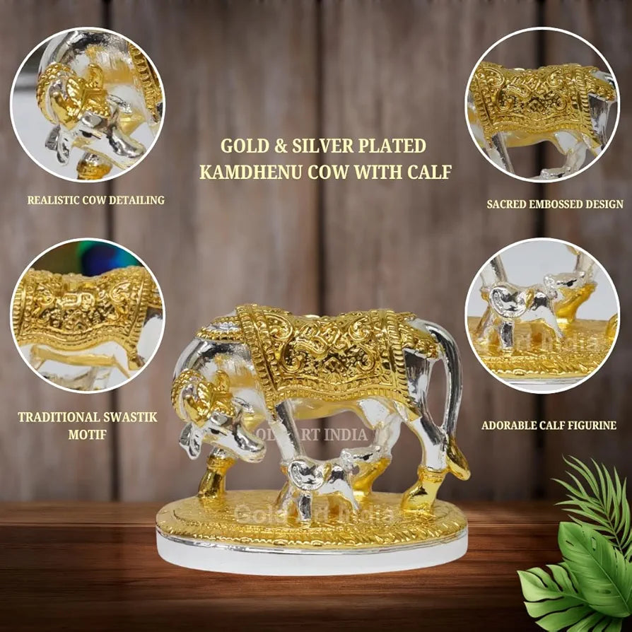 Gold Art India Om Kamdhenu Cow with Calf Idol  Gold Silver Plated