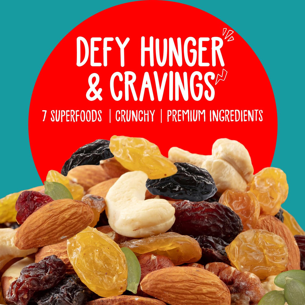 Bagrry’s Trail Mix 1kg | 7 in 1 Superfoods | California Almond | Cashews | Cranberries | Dates | Pumpkin Seeds | Green & Black Raisins | High Protein | Fibre-Rich | Oil-Free | Non-Salted| Dry fruit mix | Mix nuts | Resusable jar