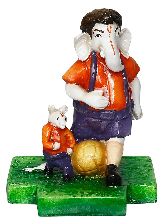 Ecraftindia Handcrafted Polyresin Lord Ganesha Idol Playing Football With Mushak Statue for Sports Enthusiasts and Ganesha Devotees