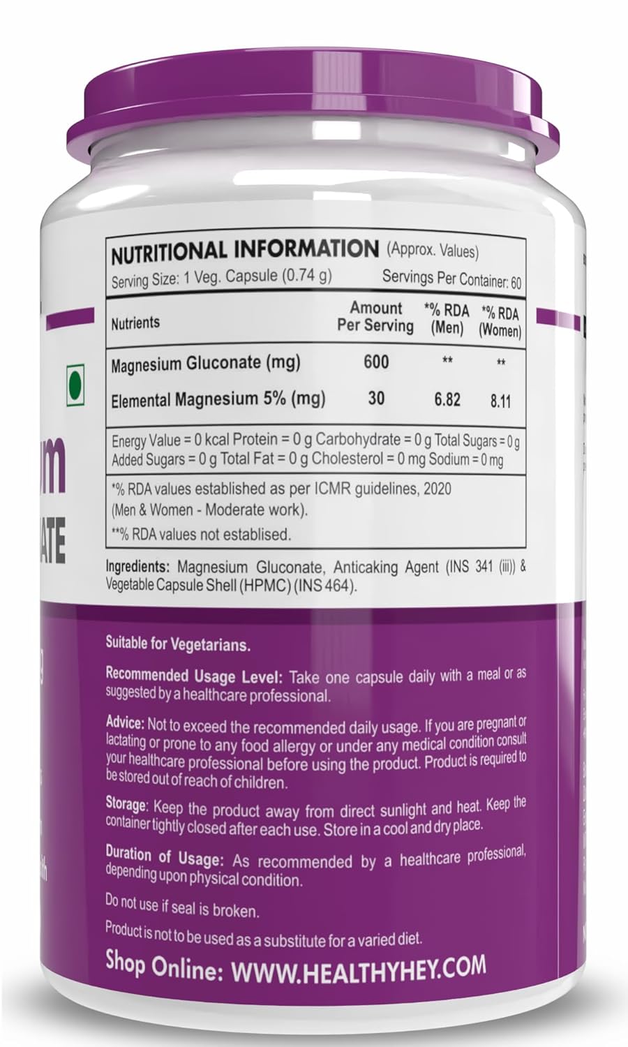 HealthyHey Nutrition Magnesium Gluconate - 600mg/serving - 60 Vegetable Capsules
