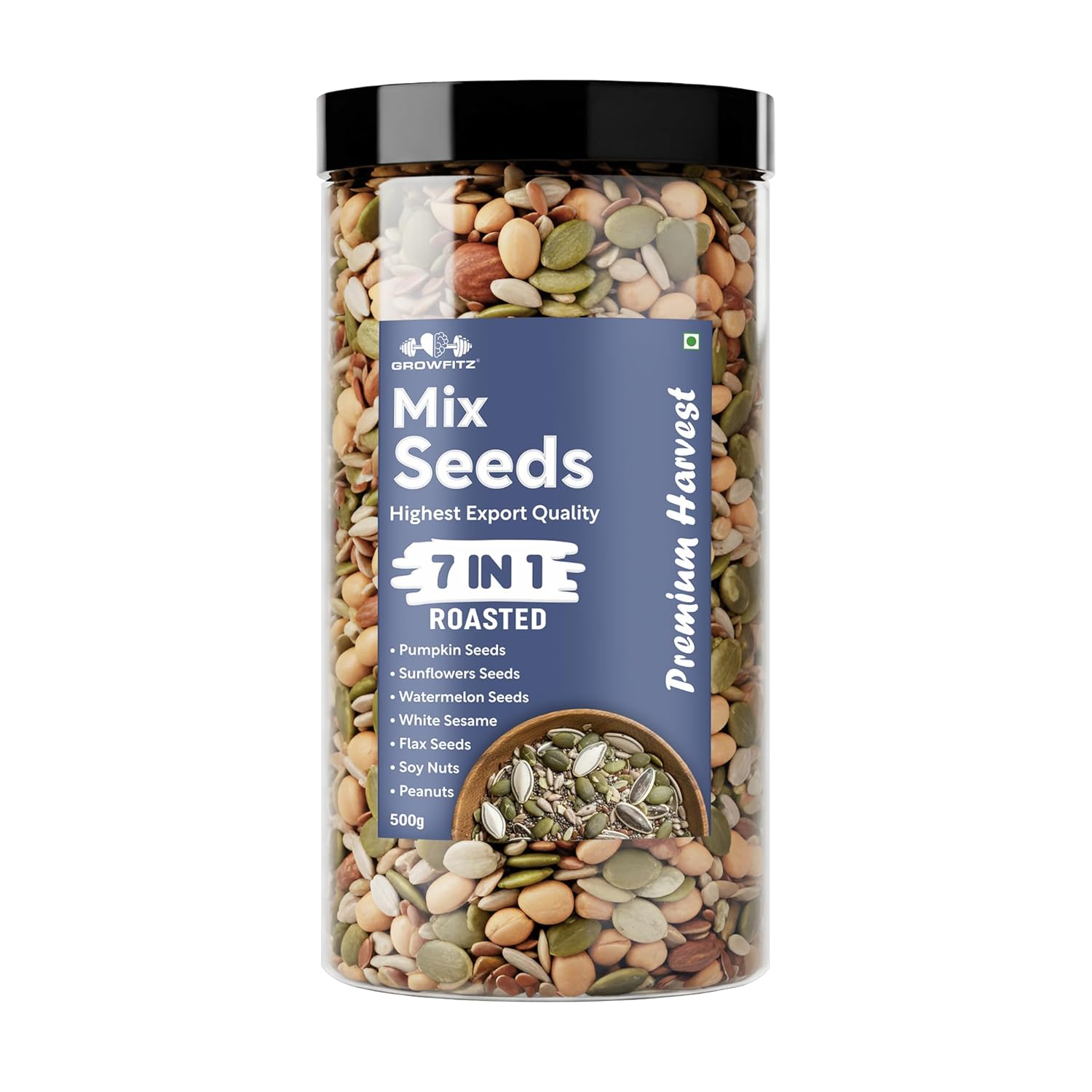 Growfitz Premium Harvest 7-in-1 Seed Mix, 500 Gram | High Protein 24.4g & Fiber | Roasted Pumpkin, Sunflower, Watermelon, Flax, Soy Nuts, Peanuts & White Sesame | Export Quality Superfood